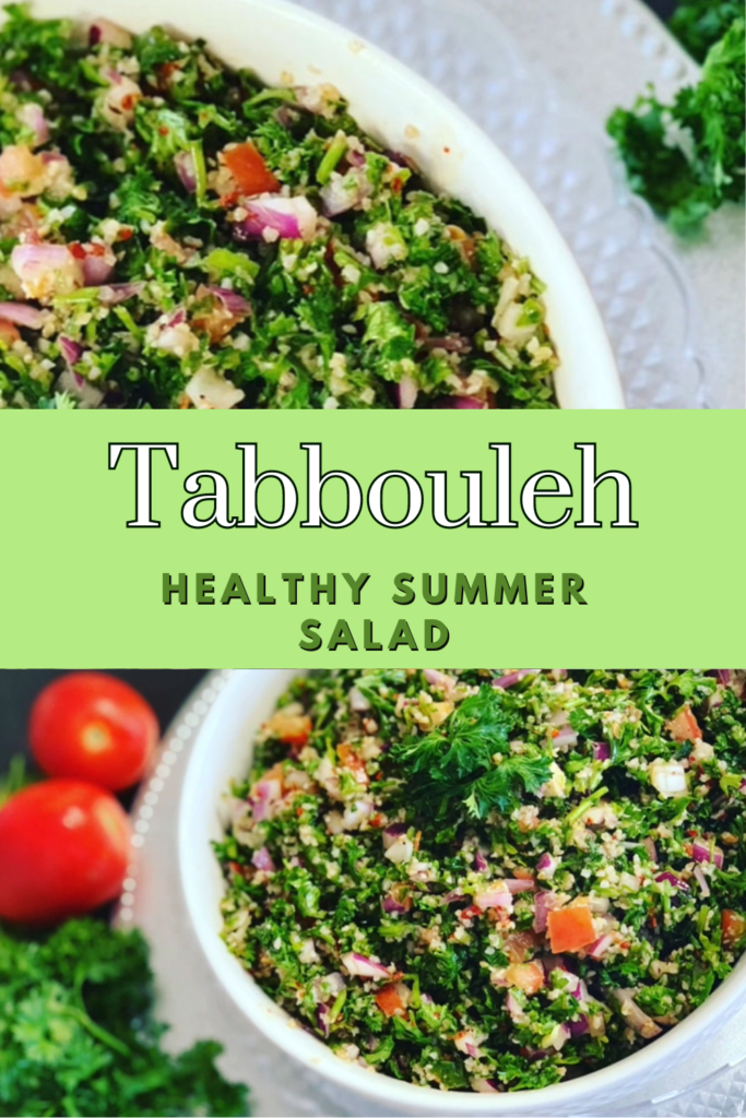 Tabbouleh - Healthy Salad in a white bowl accented with a silver platter under a white bowl accented with parsley on a black countertop