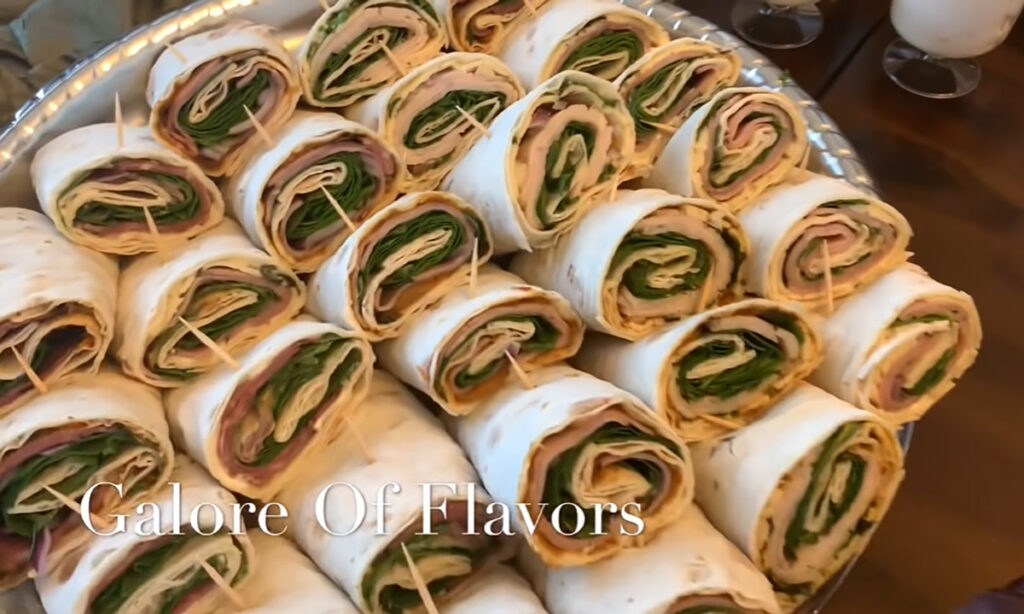 The Best Party Buffet Food Recipe Lavash wraps, pin wheels in a silver platter.