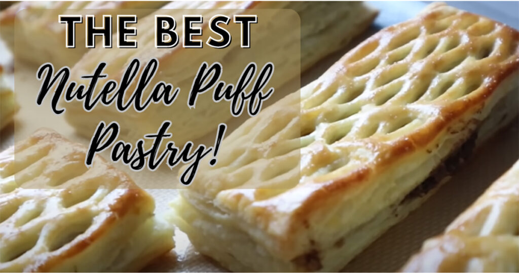 Nutella Walnut Puff Pastry Dessert on a cylicone baking sheet liner lined up with site by side of Nutella walnut puff pastries.