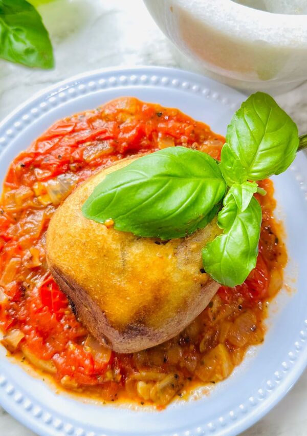 Cheesy Stuffed Eggplant in a Zesty Garlic Tomato Sauce!