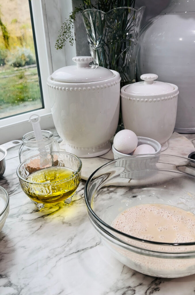 Walnut Roll Pastry with a glass bowl filled with yeast mixture fermenting with two white canisters a small glass bowl with oil and a bowl with eggs on  a white countertop in front of a kitchen window.