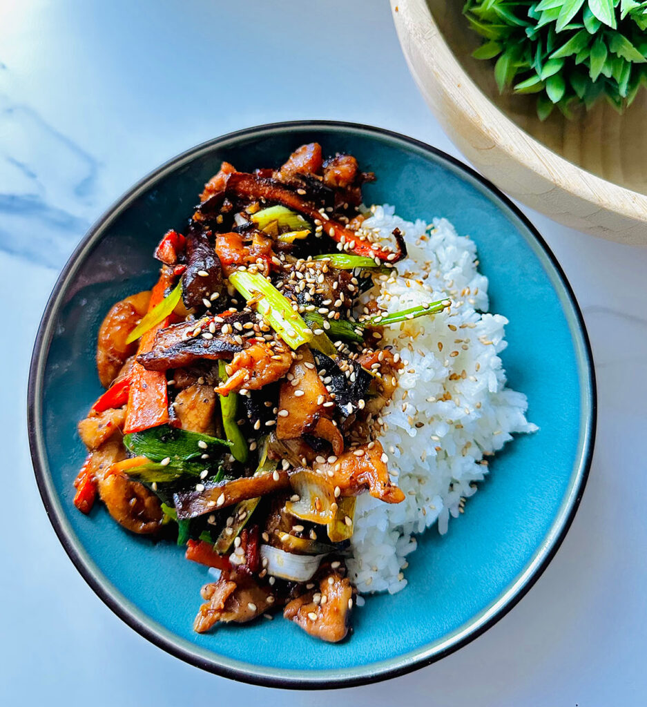 Blue round plate with soy glazzed eggplant garlic chicken stir-fry laying on a plate of white rice with a wooden bowl with green fern ball one a white countertop