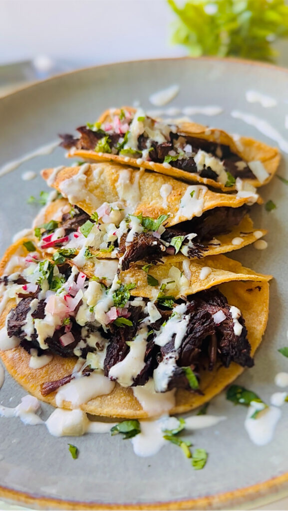 Beef Shawarma Tacos - 3 tacos laying in a plate topped with chopped raddish, onions and cilantro with tahini sauce drizzled over with a green plant in backbround on a white countertop.