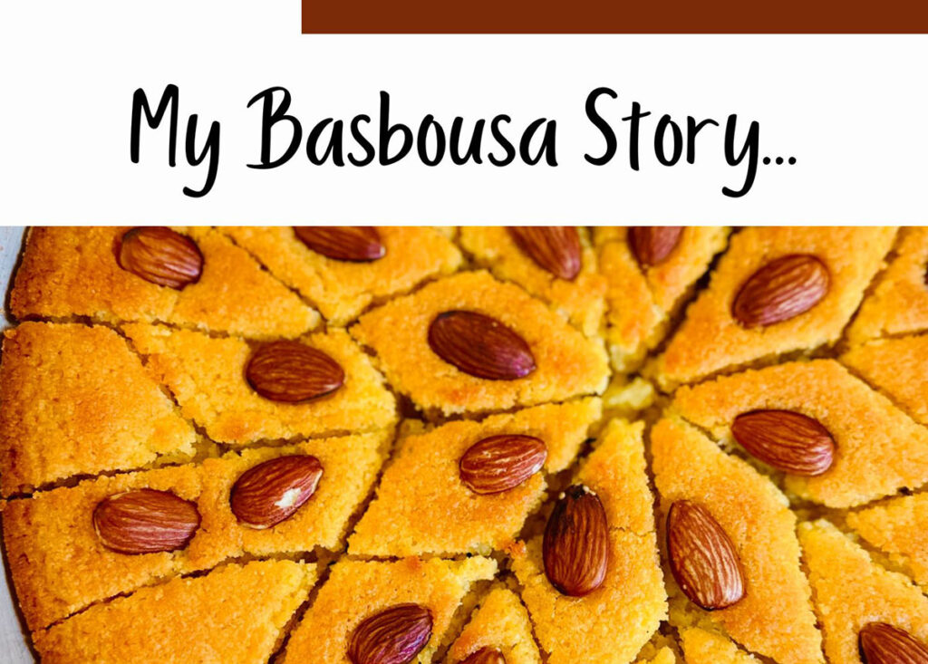 Semolina Cake with Rose Water Syrup - Middle Eastern Basbousa on a crystal platter ontop of a white platter with a silver tin pan basbousa cut into triangled pattern with a vintage tea set in background with a crystal candlestick with a white candle with cream flowers in background