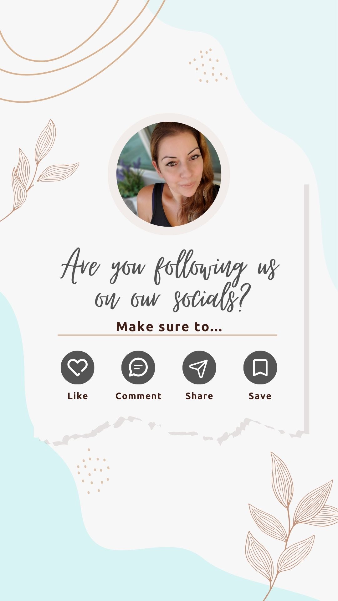 Galore Of Flavors Socials - Like, Comment, Share, Save on a accent decor photo with cream colored leaves and light blue color background.