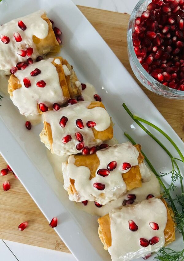 Crispy Phyllo Eggplant Rolls with Tahini Sauce