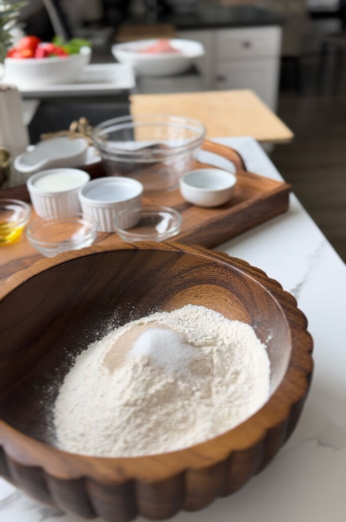 Middle Eastern Meat Flatbreads - wooden bowl filled with flour, yeast and dry ingredients with a wooden tray with white and glass bowls in background with a wooden chopping board on a white countertop