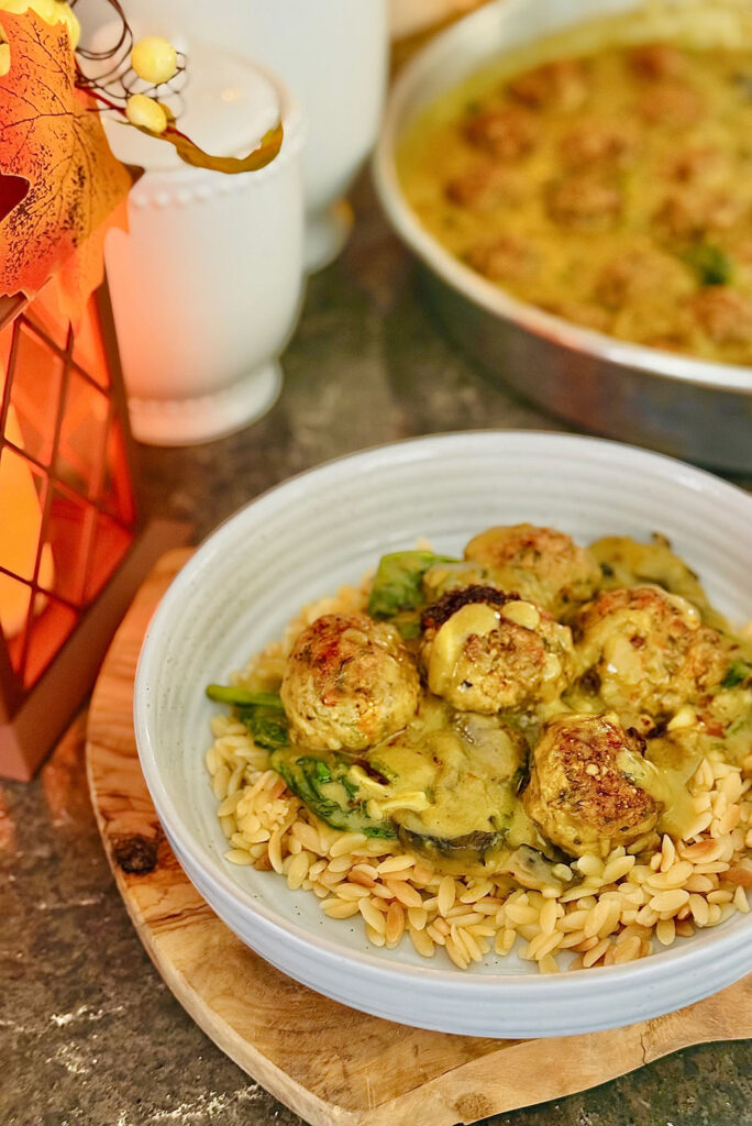 Spiced Chicken Meatballs with Turmeric-Chili Cream & Orzo