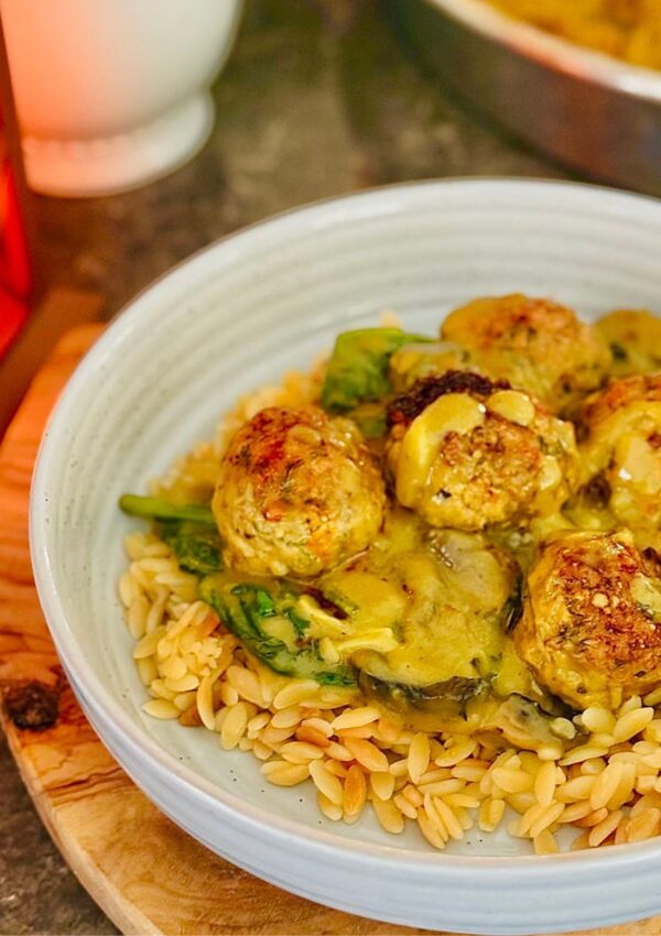 Spiced Chicken Meatballs with Turmeric-Chili Cream & Orzo